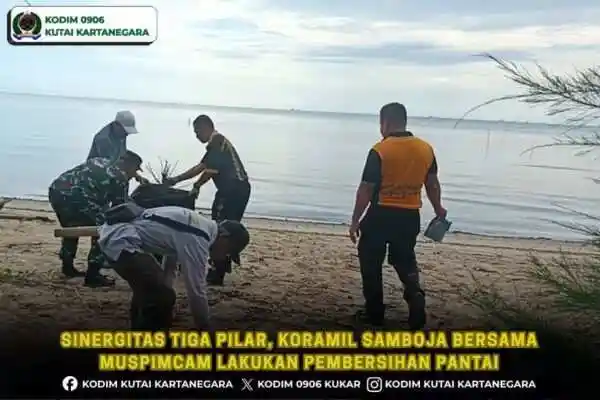 Sinergitas Tiga Pilar, Koramil Samboja Bersama Muspimcam Lakukan Pembersihan Pantai