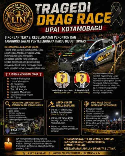 TRAGEDI DRAG RACE UPAI KOTAMOBAGU: 8 KORBAN TEWAS, ASPEK KESELAMATAN DAN TANGGUNG JAWAB PENYELENGGARA HARUS DIUSUT