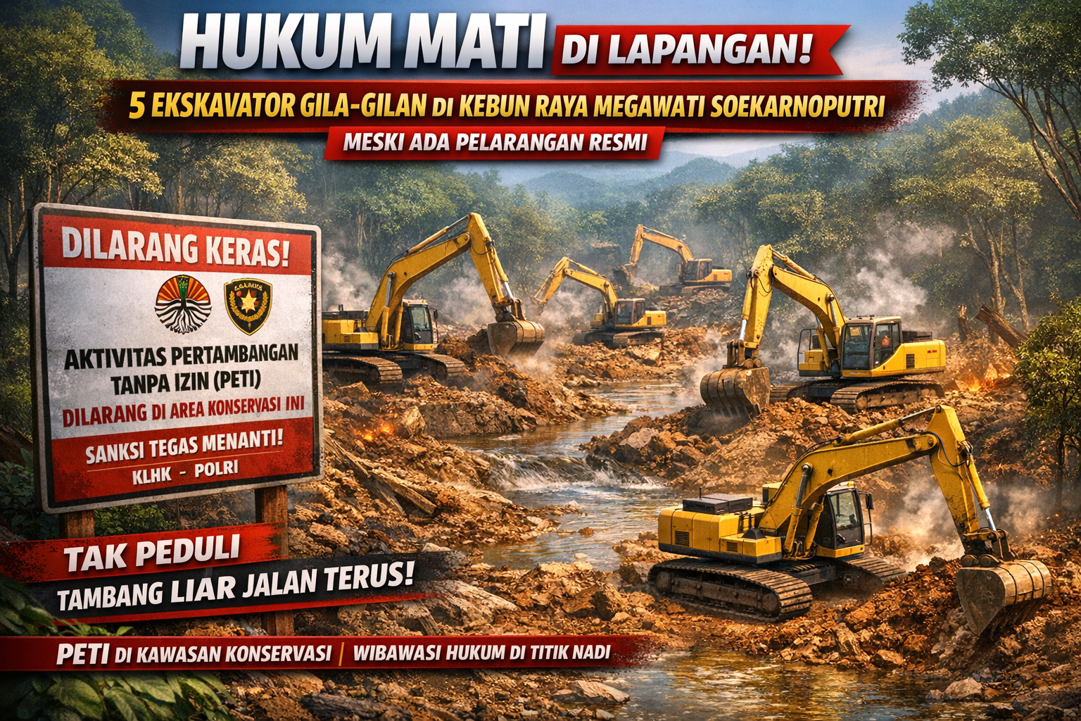 HUKUM MATI DI LAPANGAN! 5 EKSAVATOR GILA-GILAN DI KEBUN RAYA MEGAWATI SOEKARNOPUTRI MESKI ADA PELARANGAN RESMI